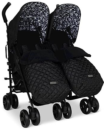 Cosatto Supa Dupa Double Stroller – Pushchair from Birth 0-25kg, Lightweight, Compact Fold, with Footmuffs, Cup Holder & Raincovers (Black Silhouette)