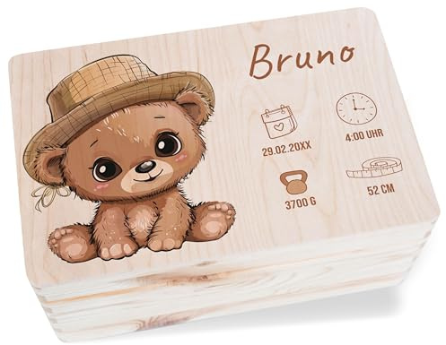 Holz Erinnerungsbox Baby Geschenkbox Holzkiste Baby - Erinnerungskiste Geburt mit Bär und Name | Geschenk Geburt Personalisiert | Personalisierte Babybox - 30 x 20 x 14 - Holz - geburtskiste
