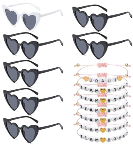 Meleager Herz Sonnenbrille, 7 Partybrille JGA und 7 Team Bride Armbänder, Sonnenbrille Hochzeit, Bride to Be Armbänder, Heart Sunglasses Set, JGA Accessoires Frauen (Schwarz/Rosa)