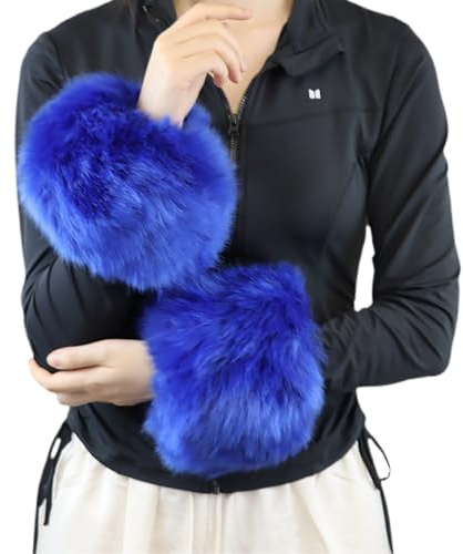 Peecabe Winter Women Fuzzy Arm Warmers Girls Faux Fur Short Wrist Cuffs Fluffy Soft Wrist Cover Ankle Warmer (Royal Blue, Medium)