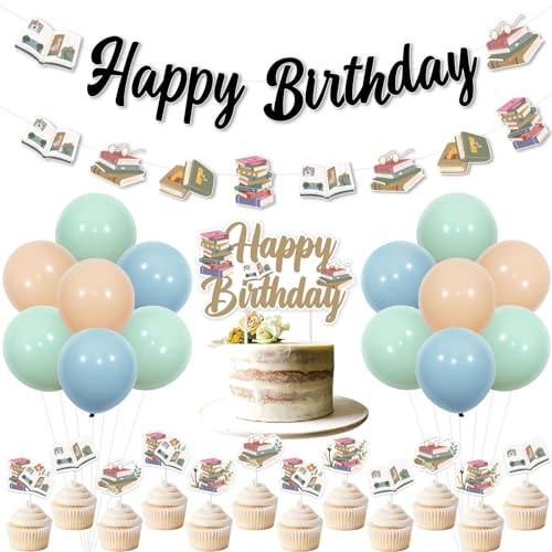 JOYMEMO Storybook Theme Birthday Decorations, Book Happy Birthday Banner Cake Cupcake Topper Storybook Sign Latex Balloons, Library Reading Book Club Bday Back to School Party Decor Supplies