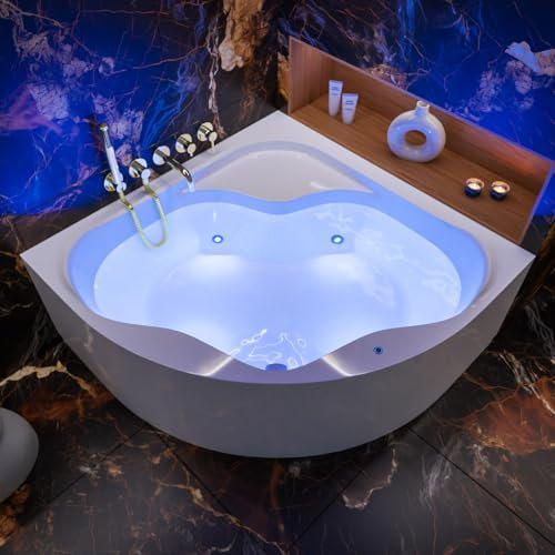 ECOLAM® Badewanne LED Beleuchtung SELMA 140x140 cm mit Acrylschürze | Eckwanne Antirutsch Beschichtung | Unterwasserbeleuchtung 8 Farben | Schürze Ablaufgarnitur Füße Silikon Komplett-Set