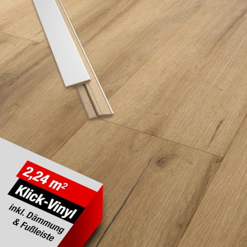 LaminatDEPOT Klick Vinylboden mit Trittschalldämmung & Sockelleiste [2,24 m²] - wasserfester Vinyl Bodenbelag mit Klicksystem - 8 extrabreite Dielen in Holzoptik Eiche [Vancouver Nature]