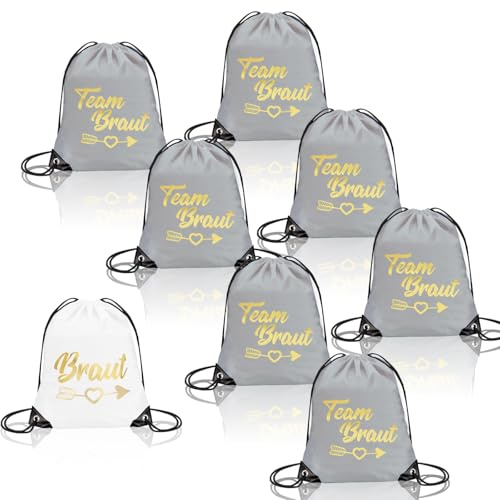 8 Stück turnbeutel team braut jga beutel set team bride beutel set mit Kordelzug Weiß Bride Rucksack 7 Schwarz rucksack jga damen 34 * 42cm für Junggesellenabschied Braut Party