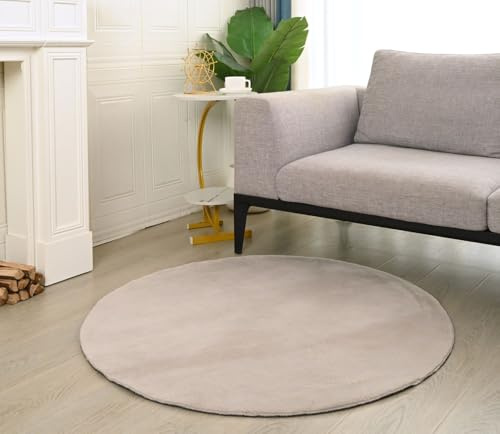 VIMODA Teppich Wohnzimmer Schlafzimmer, Kurzflor, flauschig weich, rutschfest/Anti-Rutsch, waschbar bis 30°C, Felloptik, für Fußbodenheizung geeignet,Farbe:Beige;Maße:Ø 120 cm Rund