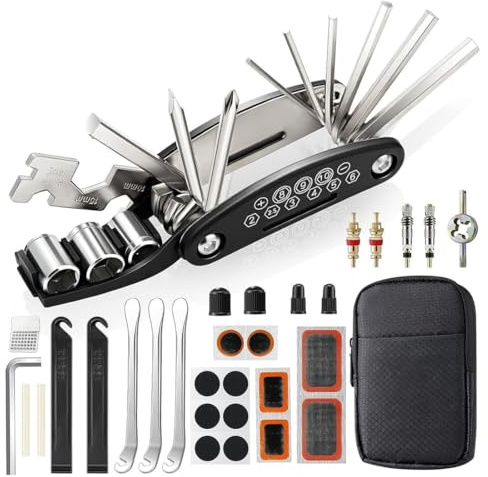 16 in 1 Multitool Bici, Attrezzi Multifunzionali Pieghevole Kit, Kit Riparazioni Attrezzi per Bicicletta, per Biciclette, MTB, Bicicletta Elettrica, con Kit di Patch e Leve del Pneumatico