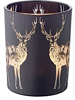 EDZARD Windlicht Tiu, Höhe 13 cm, Durchmesser 10 cm, matt schwarz, Hirsch-Motiv - Teelichthalter, Teelichtglas, Kerzenhalter, Glas für Teelicht, Tischdeko, Wohnzimmer Deko