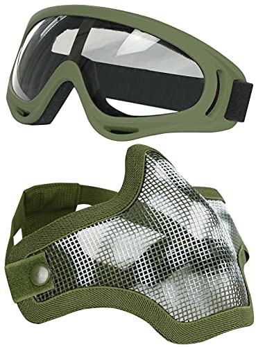 Aoutacc Airsoft Maske und Goggles Set, Half Face Full Steel Mesh Maske und Schutzbrillen für CS/Jagd/Paintball/Schießen