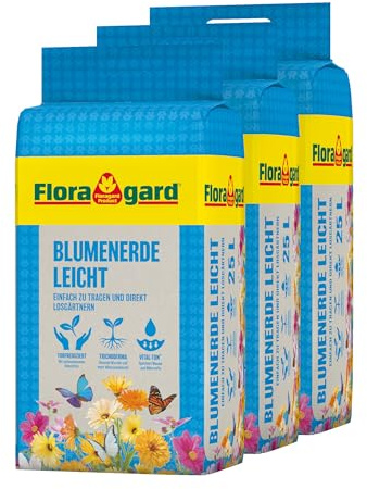 Floragard Blumenerde Leicht 75 L (3×25 L) – vielseitige Universalerde mit Langzeitdünger für Zimmer-, Balkon- & Kübelpflanzen – fördert kräftiges Wachstum & sorgt für eine optimale Wurzelentwicklung
