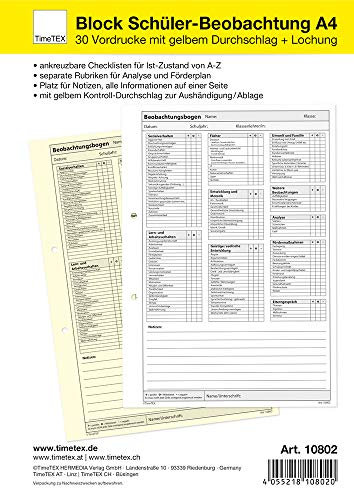 TimeTEX Block Schüler-Beobachtung A4-30 Vordrucke mit gelbem Durchschlag - 10802