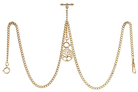 TREEWETO Orologio da taschino da uomo con doppia catena Albert, catena a maglia barbazzale, 3 ganci con ciondolo a forma di albero della vita antico, design con barra a T, Oro, Antico