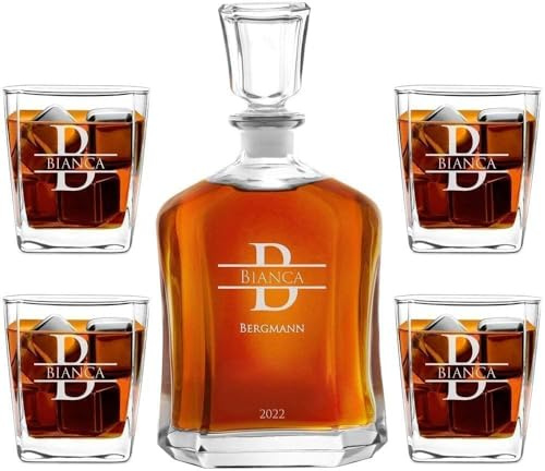 Maverton Whiskey Karaffe + 4 / 6er Whiskygläser Set mit Gravur - 700ml Whisky Dekanter - Weihnachtsgeschenke - Geschenk zum Geburtstag für Damen - Name