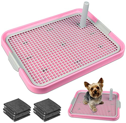Dog Potty Tray Toilet 20x14 Doggy Bathroom Dog Litter Box, Indoor Pee Pad Holder with 8pcs Training Pads, Puppy Pee Mesh Potty Training Tray with Secure Latch, Potty Pan for Small Medium Puppies
