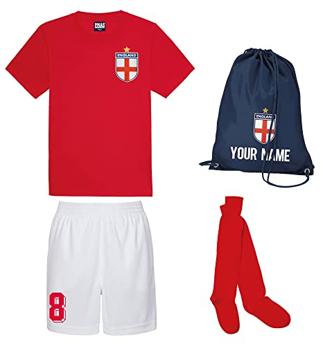 Personalised England Style Kit Red Football Shirt, White Shorts, Bag and Socks for Boys and Girls Best Birthday Gift for Children Kids Playwear (12-13 Years)