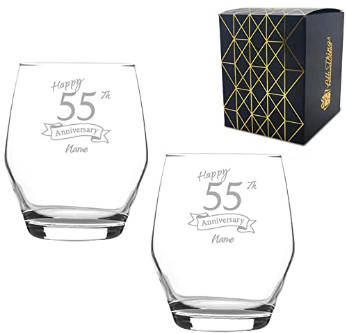 Juego de 2 vasos de 55 aniversario grabados personalizables, para whisky Ella de 12 onzas, grabado en el Reino Unido, personalizables con cualquier nombre, regalo personalizado