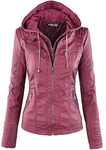 Newbestyle Chaqueta de piel sintética con capucha para mujer, chaqueta de motociclista con cremallera completa, abrigo plisado, abrigo casual cálido, Borgoña vívido, 42