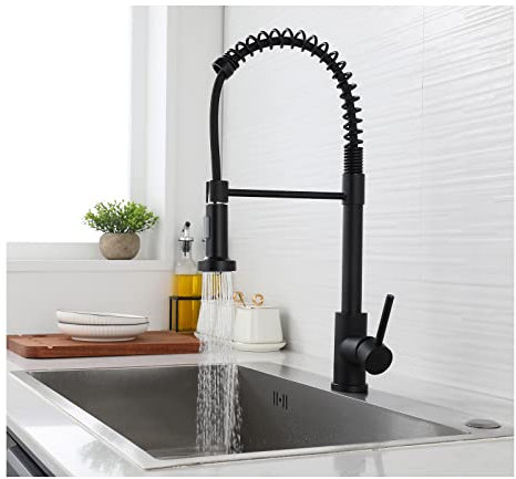 Rubinetto Cucina con Doccetta Estraibile - Rubinetto Lavello Cucina con Molla a Spirale Girevole 360 ° Miscelatore Monocomando Rubinetto da Cucina Acciaio Inox 304 (Nero)
