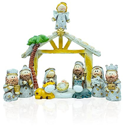 Gesar Presepe Natalizio con Capanna in Ceramica - Set 11 Pezzi Presepe con Capanna in Ceramica 6 cm - Personaggi Natività- Presepe moderno ed elegante -