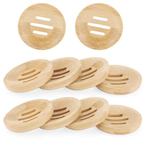 JAPCHET Paquete de 10 jaboneras redondas de bambú, jabonera de bambú de madera natural, soporte de jabón de madera para cocina, baño