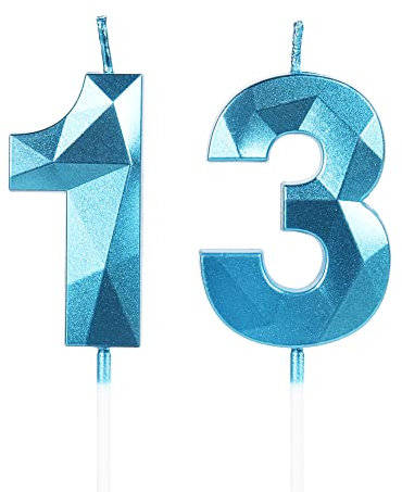 Yiran Candele di compleanno, Candele con numeri da 5cm, Candela numero 13, Candele in blu, 3D forma di diamante, Candele di compleanno per torta, Candele per torte, decorazioni per feste (Numero 13)