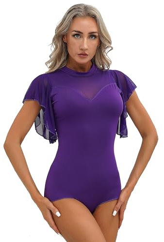 TTAO Tanzanzug für Damen Ballett Body Kurzarm/Langarm Gymnastikanzug Mesh Tanztrikot Tanzbody Balletttrikot Tanzkleidung Violett A L