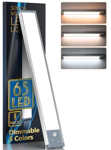 Schrankbeleuchtung LED mit Bewegungsmelder 65 LEDs Schranklicht Schrankleuchte 3 Farbmodi Dimmbar Led Leiste Batterie 2500 mAh USB Wiederaufladbar Unterbauleuchte Küche für Kleiderschrank, Treppe