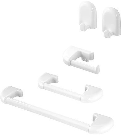 Set Accessori da Bagno 5 Pezzi Bianco con Doppio Fissaggio a Parete con Viti e Biadesivo