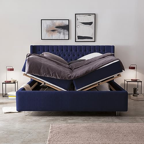 Bett mit Bettkasten 140x200 Florida Teddystoff, mit Matratze, Lattenrost, XXL Stauraum, Kopfteil mit Ohren, Doppelbett, Aufbau KOSTENLOS (Blau, 140x200 cm mit Matratze)