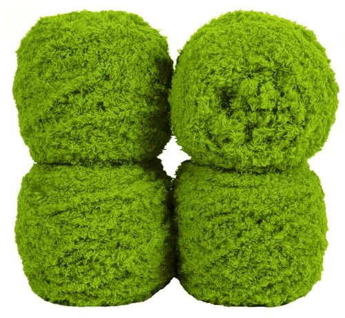 Uiopa Flauschige Wolle Garn Gras-Grün, 400g(4 x 100g, 4 x 80m) Plüschwolle zum Stricken 3 Stränge Fransengarn, Handstrickgarn Weiche Häkelwolle zum Decken Schals Mützen DIY-Projekte