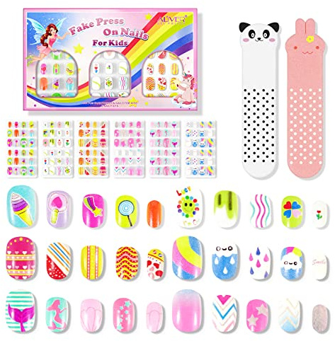 144 pezzi bambini Unghie finte, Set di unghie finte adesive per bambini Modello caramelle Kit Stampa su pre-colla Full Cover Unghie finte per Ragazze per Bambin i Regalo Manicure (#4-Floral Candy)
