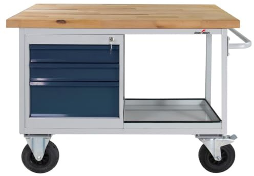Steinbock Werkbank 3 Schubladen + Boden | 130x82,7x60 cm | Mobil | 500 kg | Grau | 500 kg Tragkraft | 4 cm geölte Massivholz-Arbeitsplatte aus Buche | stabiles Stahlgestell | Werktisch | Made in EU