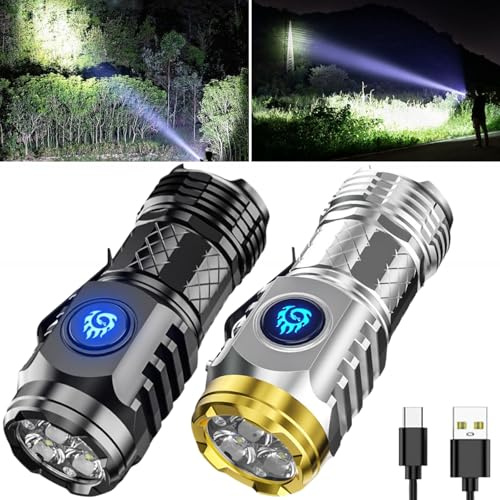 Three-Eyed Monster Mini Flash Super Power Flashlight, German Thumb Sized, Outdoor Small High Lumen Rechargeable Waterproof Pocket Flashlight (Silver+Black)