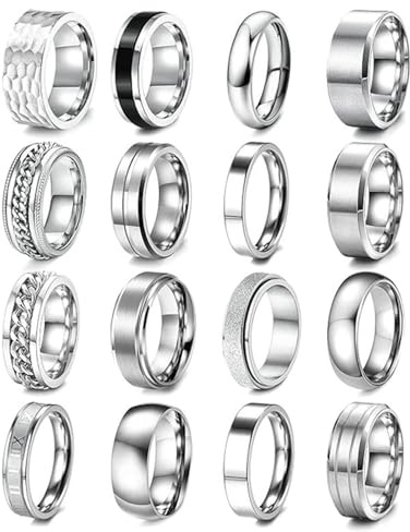 Bishilin Ringe Set Männer, Herren Ringe Edelstahl 6MM 8MM mit Zahlen Spinner Ringgröße 55 (17.5)-67 (21.3), Partnerringe Freundschaftsringe 16er Set