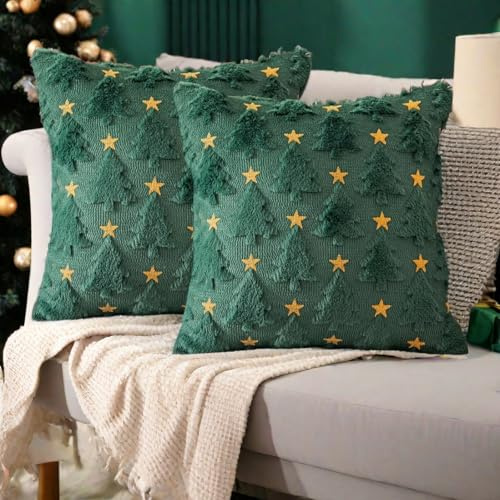 Kissenbezug Weihnachten 45x45cm,2er Set Weihnachtskissenbezug Kissenhülle Weihnachten,Weihnachts Kissenbezüge Weihnachtsdeko Winter Deko Innen Christmas Decorations Aesthetic (Grün-Weihnachtsbaum)