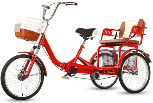 Mixtric Dreirad Für Erwachsene, 3-Rad-Fahrrad, 20-Zoll-Dreirad, Mit Rücksitz Und Einkaufskorb, Stoßdämpfende Vordergabel, Für Frauen/Männer/Senioren,Red