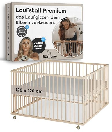 Sämann Baby Laufstall aus Holz I Natur 120x100 cm I Inkl. Matratze SleepPlus I Höhenverstellbares Babybett aus Buchenholz I Laufgitter mit gummierten Rollen I TÜV geprüft