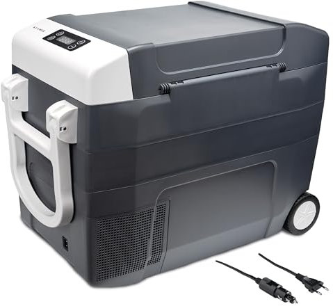 KLAMER Elektrische Kühlbox XXL 45 L Mit Kompressor, Kühl- und Warmhaltefunktion, 2 Anschlüsse: 230V & 12V für Zigarettenanzünder, Kühlung Bis -18°C, Auto Kühlbox Mit Rädern, Grau