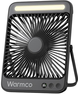 Warmco 20000mAh Tragbarer Camping Ventilator 27cm mit LED-Licht, Ultra-Leise, Dünn, Digitalanzeige, Bis zu 48H Laufzeit für Outdoor, Reisen, Büro, Schlafzimmer