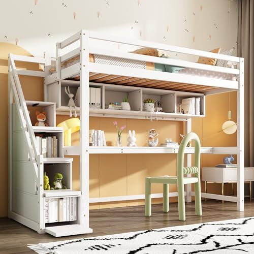 Kinderbett 90x200 Etagenbett mit Schreibtisch & Bücherregal, Hochbett mit Treppenschrank, Holzbett Bettgestell mit Rausfallschutz & Lattenrost, Funktionsbett Stockbett Jugendbett, Ohne Matratze, Weiß