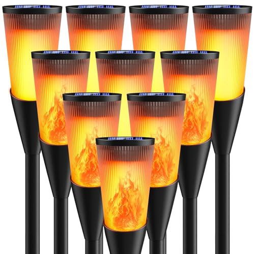 FIFlying Luces de Llamas Solar Exterior Jardin, 10 Piezas Antorchas Solares Exterior IP65 Impermeable, 2 Modos Lampara Solar con llamas Realistas para Jardín, Patio, Césped, Camino