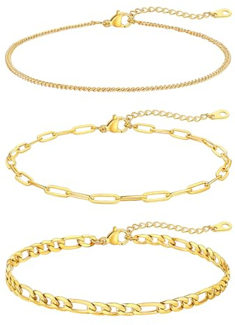 FaithHeart Fußkettchen Gold Fussketten für Frauen Fußkette Kette Set Wasserfest Kupfer Panzerkette Layering-Kette Gliederkette Figarokette Armband Fußschmuck in Gold
