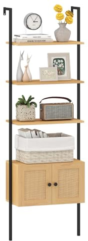 COSTWAY 5-Tier Ladder Shelf with Rattan Cabinet, 184cm Tall Wall Bookshelf Open Display Rack, Boho Metal Frame Wooden Wall Mounted Bookcase Storage Shelving Unit for Living Room, Bedroom and Office