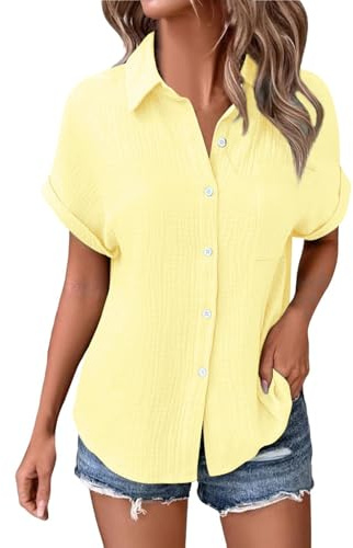 Angxiwan Linen Shirt Boho Blouse Summer Linen Tops for Women UK Lightweight Button Down Boho Shirts Casual Pleated Muslin Blouse Solid Color Short Sleeve Tunic Deals of The Day Sale Prime