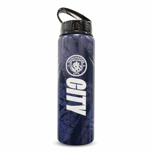 Hy-Pro Offiziell lizenzierte Manchester City F.C. Metall-Trinkflasche – 750ml Aluminium Sportflasche mit Klappstrohhalm, Wasserflasche für Fußballfans & Sportler