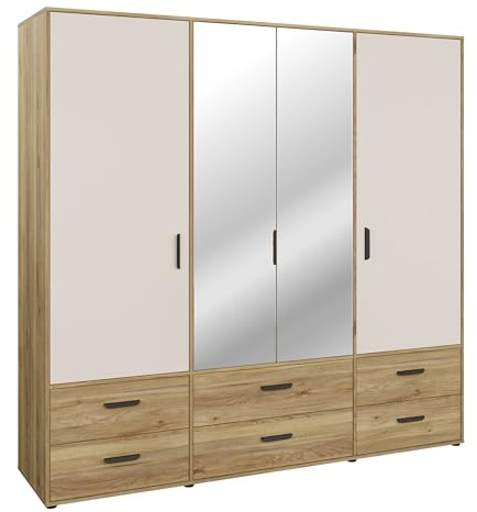Forte MOKKARO Kleiderschrank 200, moderner Drehtürenschrank, 4-türig, 6 Schubladen, Spiegel, Mauvella Eiche Holzdekor-Kaschmir Beige, 205,9 cm breit x 200,1 cm hoch x 52,7 cm tief