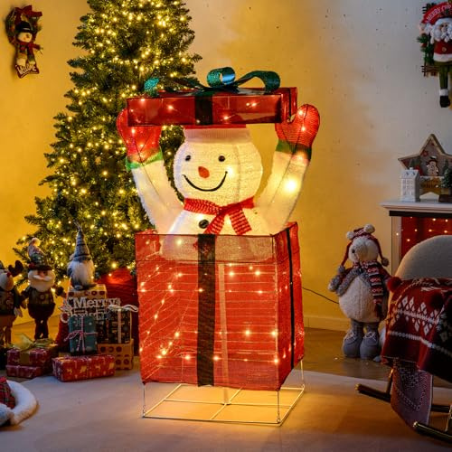 GYMAX Pupazzo di Neve di Natale Luminoso, Pupazzo di Neve con Luci in Scatola Regalo Grande, con Ganci, Picchetti da Terra, Decorazione Natalizia Illuminata per Interni ed Esterni (Modello 3)