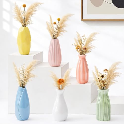 Lot de 6 Vase Ceramique, Petit Vase Decoratif, 6 Formes et Coloré Mini Vases en Céramique pour Fleur, Pampas, Décoration, Soliflore, Deco Table，Design Moderne, Boho Style Nordique(12CM)