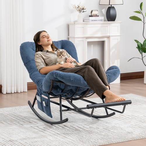 MARSBIRD Schaukelstuhl mit Verlängerbarer Fußhocker, Indoor & Outdoor-Rattansessel ohne Armlehnen mit Kissen und Seitentasche, Rutschfesten Füßen, für Wohnzimmer, Balkon, Schlafzimmer, Blau Cord