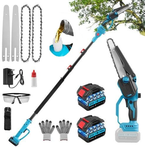 Cordless Pole Saw 8.3Ft, 2 in1 High Branch Saw and 8 Inch Mini Chainsaw with Extension Pole, Long Reach Battery Powered Brushless Electric Pole Saw with 2x3000mAh Batteries, for Tree Trimming Pruning