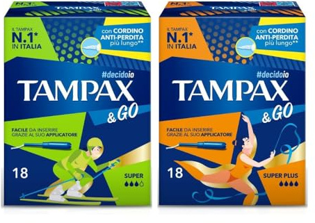 Tampax & Go Super e Super Plus, 36 Assorbenti Interni con Applicatore in Plastica, presa antiscivolo, doppio cordino Protettivo, ginecologicamente Testati, per Flusso Abbondante e molto abbondante